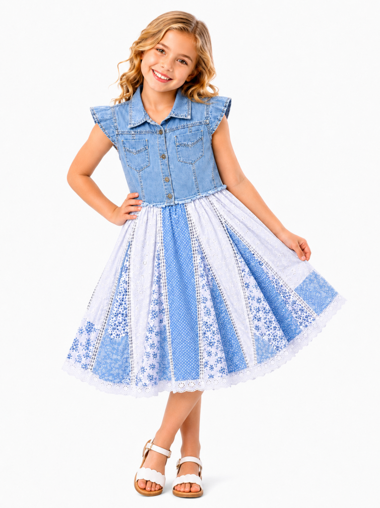 Domino Girl Girls Denim & Blue Patchwork Lace Dress