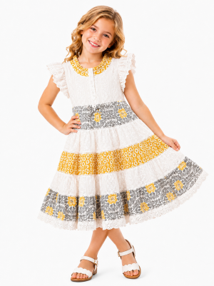 Domino Girl Girls White Broderie Anglaise Tiered Dress with Yellow Floral Trim