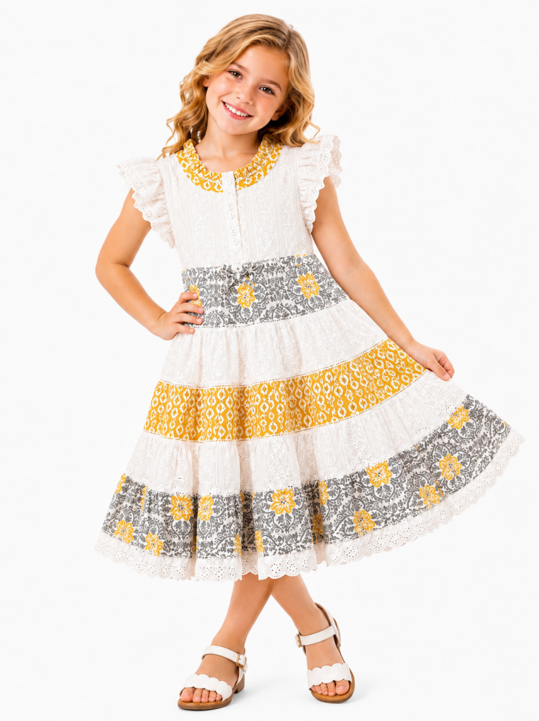 Domino Girl Girls White Broderie Anglaise Tiered Dress with Yellow Floral Trim