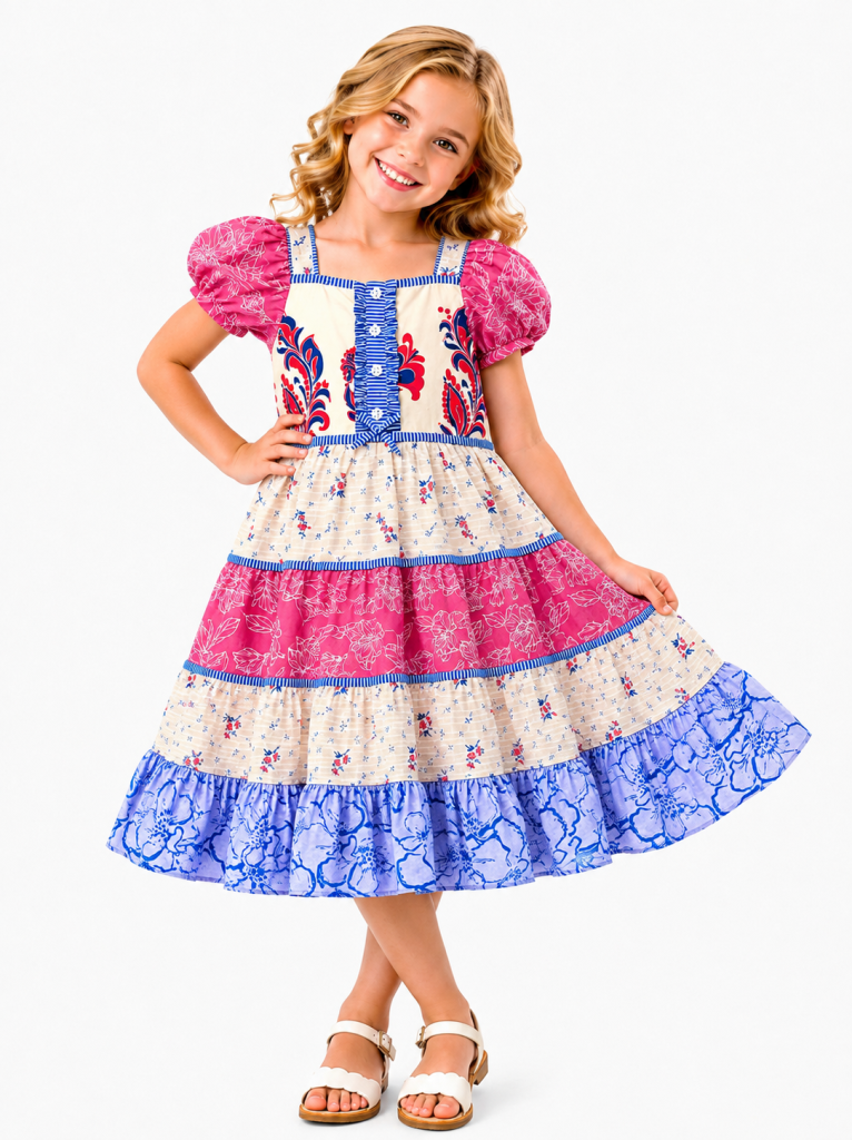 Domino Girl Girls Floral Tiered Puff Sleeve Dress