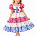 Domino Girl Girls Floral Tiered Puff Sleeve Dress