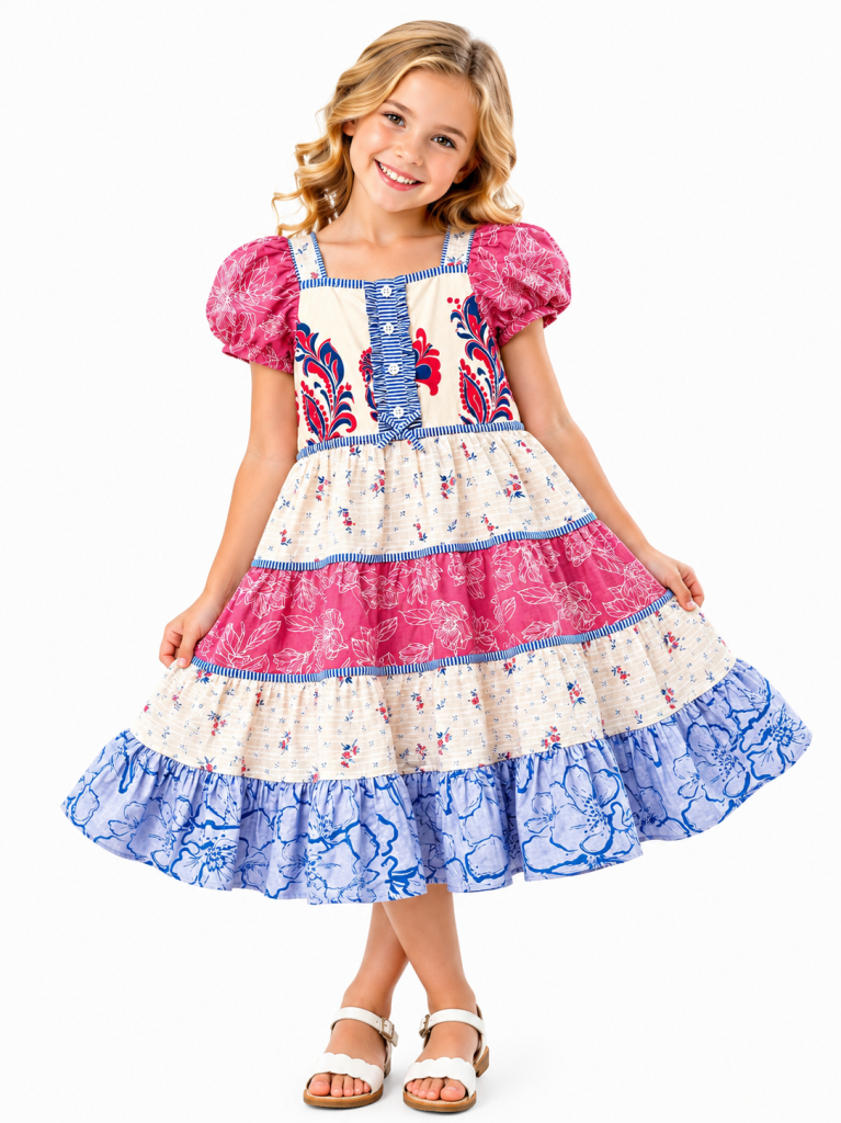 Domino Girl Girls Floral Tiered Puff Sleeve Dress