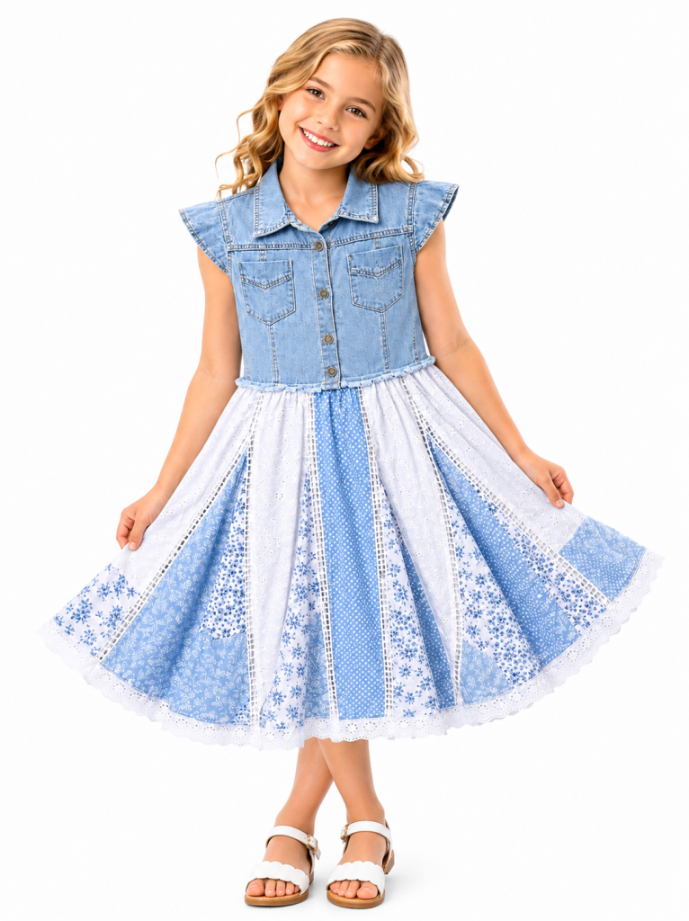 Domino Girl Girls Denim & Blue Patchwork Lace Dress