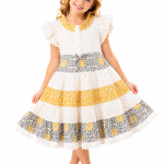 Domino Girl Girls White Broderie Anglaise Tiered Dress with Yellow Floral Trim