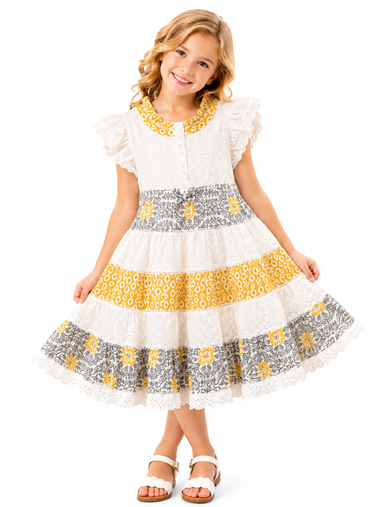 Domino Girl Girls White Broderie Anglaise Tiered Dress with Yellow Floral Trim