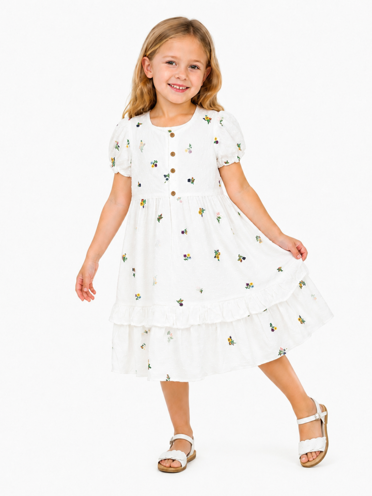 Domino Girl Embroidered Swiss Dot Tiered Dress