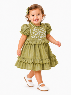 Drama Queen Baby Sage Embroidered Ruffle Dress