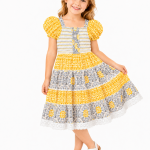 Domino Girl Smocked Tiered Puff Sleeve Dress – Yellow & Grey