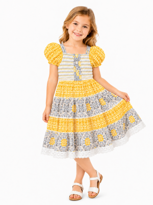 Domino Girl Smocked Tiered Puff Sleeve Dress – Yellow & Grey