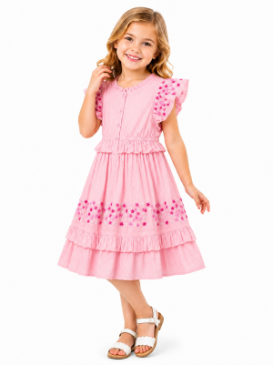 Domino Girl Pink Embroidered Dobby Ruffle Dress