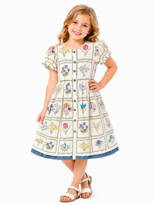 Domino Girl Girls Vintage Floral Panel Button Front Dress