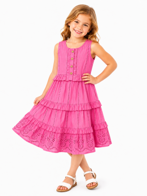 Domino Girl Sleeveless Broderie Anglaise Tiered Dress – Hot Pink
