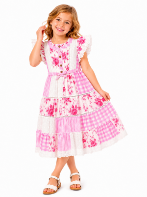 Domino Girl Patchwork Floral Tiered Dress – Pink & Blue