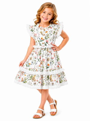 Domino Girl Botanical Floral Flutter Sleeve Dress