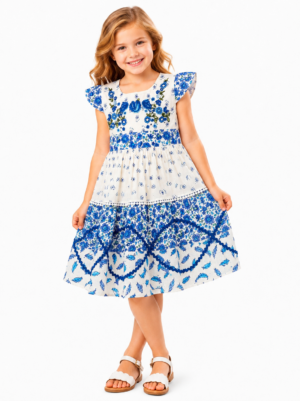 Domino Girl Blue Floral Embroidered Tiered Dress