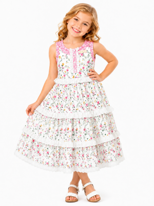 Domino Girl Floral Lace Tiered Dress