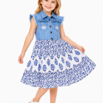 Domino Girl Denim Bodice Floral Tiered Dress