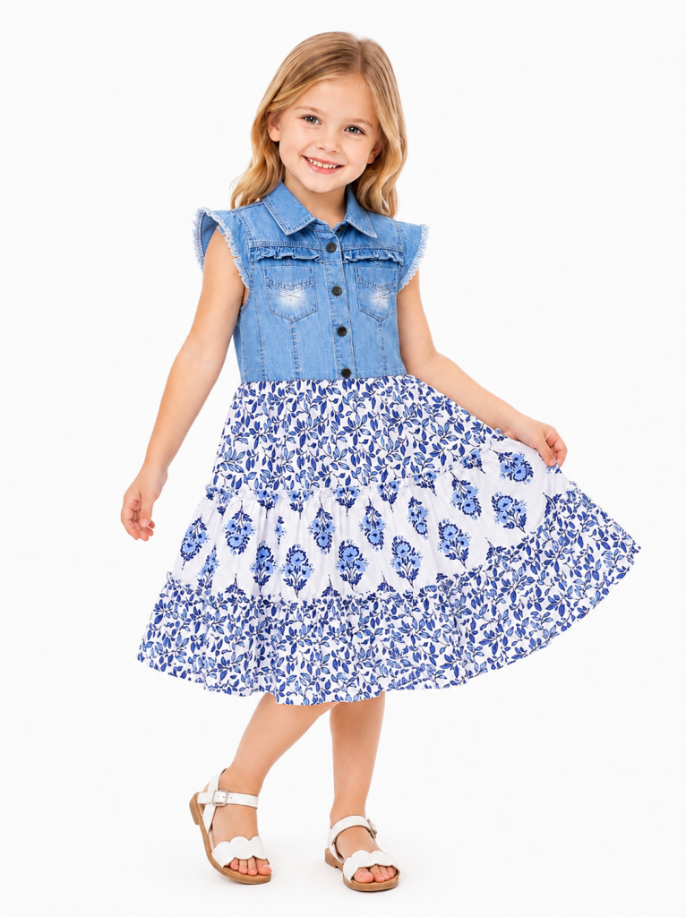 Domino Girl Denim Bodice Floral Tiered Dress