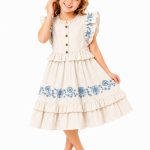 Domino Girl Embroidered Stripe Tiered Dress