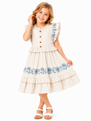 Domino Girl Embroidered Stripe Tiered Dress