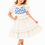 Domino Girl Embroidered Stripe Ruffle Dress