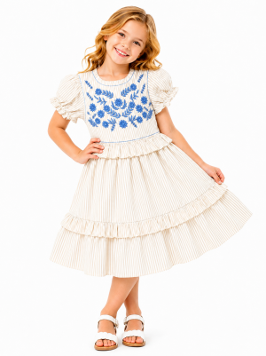 Domino Girl Embroidered Stripe Ruffle Dress