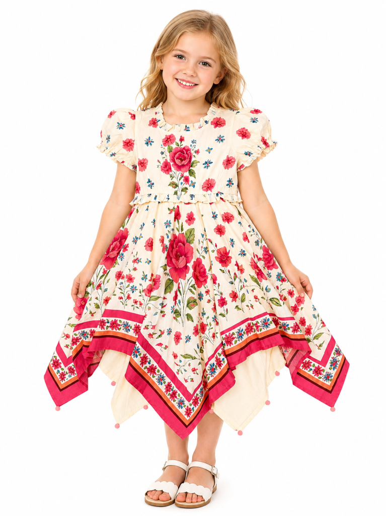 Domino Girl Floral Handkerchief Hem Dress