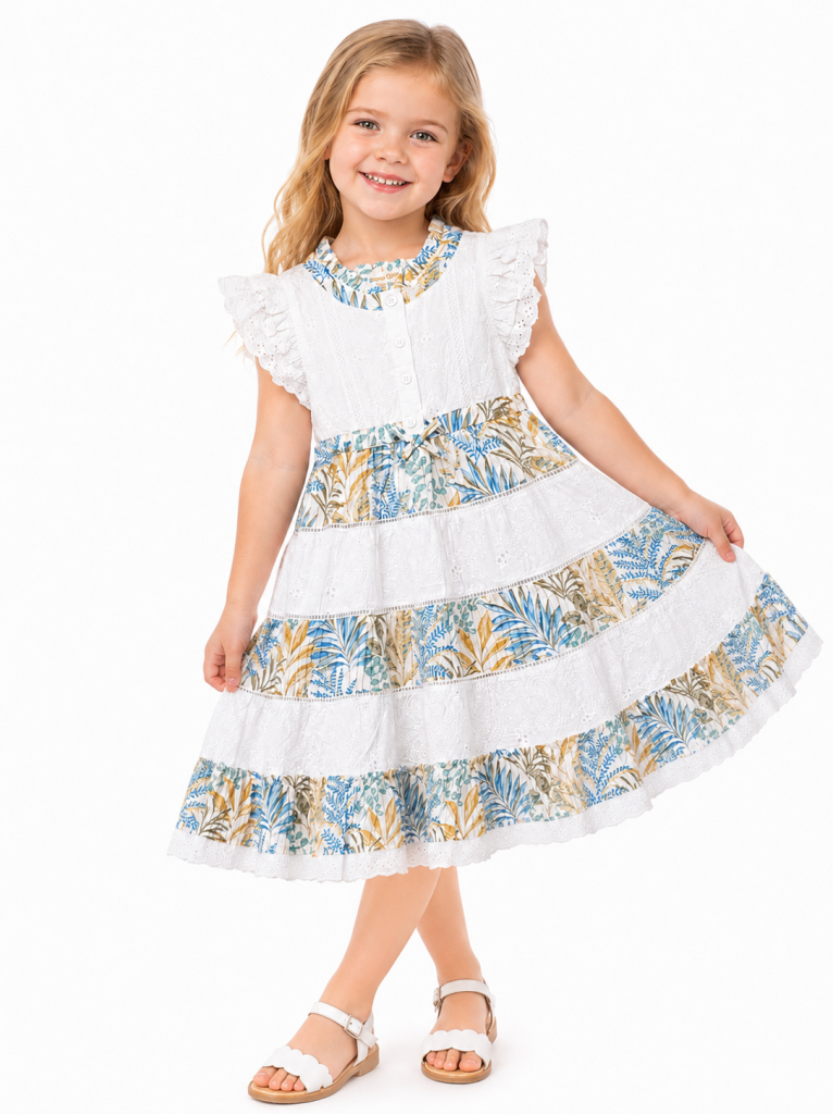 Domino Girl Girls Embroidered Botanical Tiered Dress