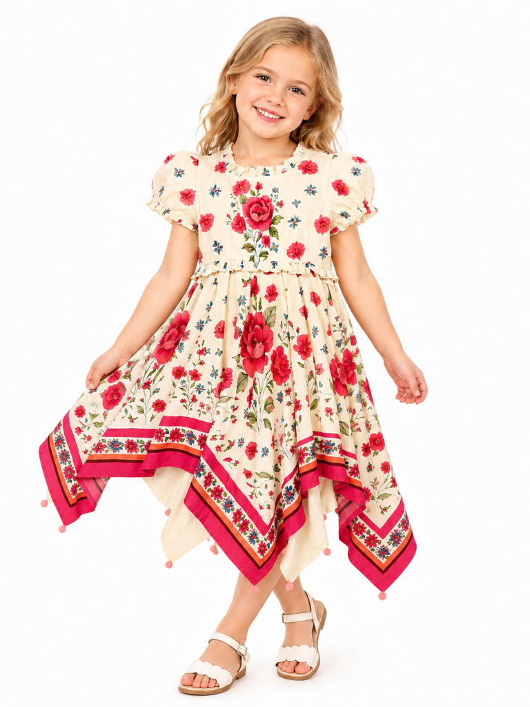 Domino Girl Floral Handkerchief Hem Dress