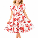 Domino Girl Floral Ruffle Tiered Dress – Red Floral