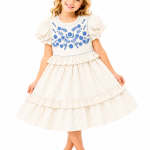 Domino Girl Embroidered Stripe Ruffle Dress