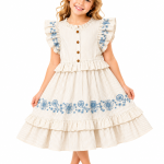 Domino Girl Embroidered Stripe Tiered Dress