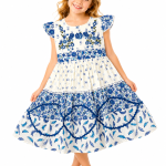 Domino Girl Blue Floral Embroidered Tiered Dress
