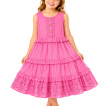 Domino Girl Sleeveless Broderie Anglaise Tiered Dress – Hot Pink