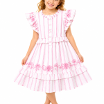 Domino Girl Girls Pink Stripe Embroidered Ruffle Dress