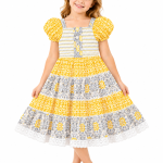 Domino Girl Smocked Tiered Puff Sleeve Dress – Yellow & Grey