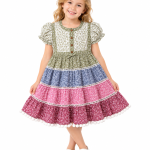 Domino Girl Girls Tiered Floral Dress with Pom Pom Hem