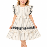 Domino Girl Embroidered Stripe Ruffle Dress