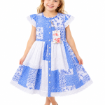 Domino Girl Girls Blue Patchwork Floral Cotton Dress with Broderie Lace Trim