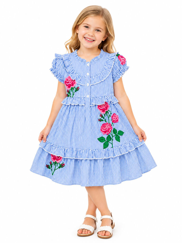 Domino Girl Striped Rose Embroidered Dress