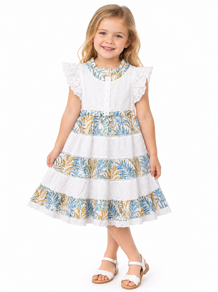 Domino Girl Girls Embroidered Botanical Tiered Dress