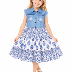 Domino Girl Denim Bodice Floral Tiered Dress