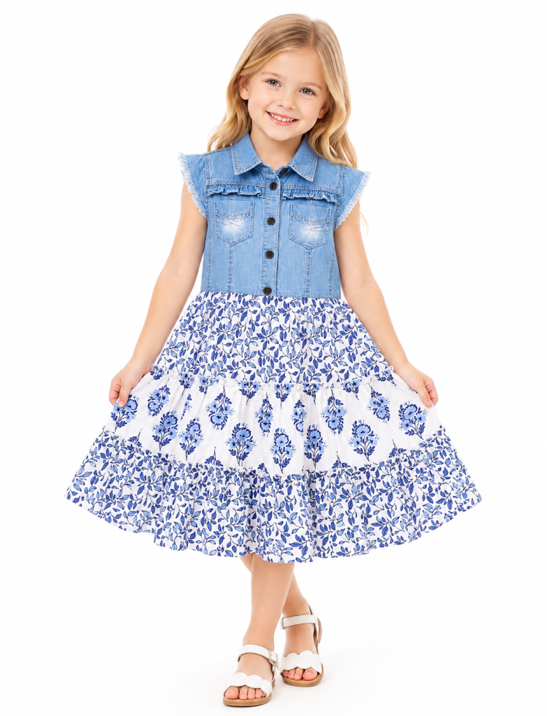 Domino Girl Denim Bodice Floral Tiered Dress