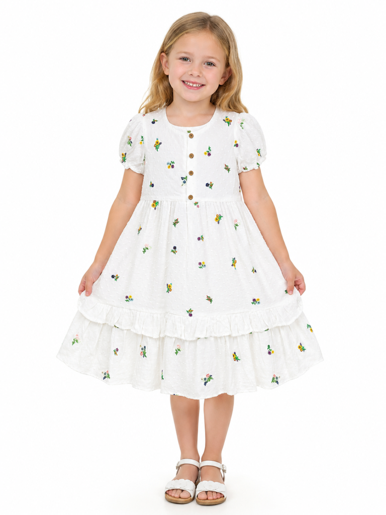 Domino Girl Embroidered Swiss Dot Tiered Dress