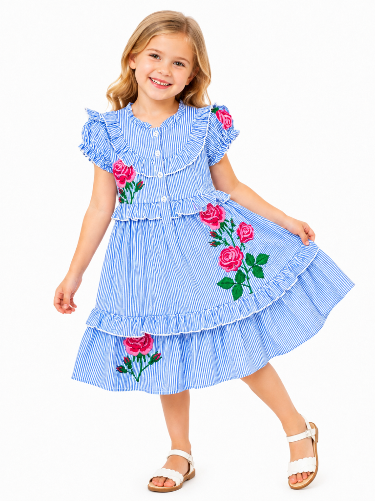 Domino Girl Striped Rose Embroidered Dress