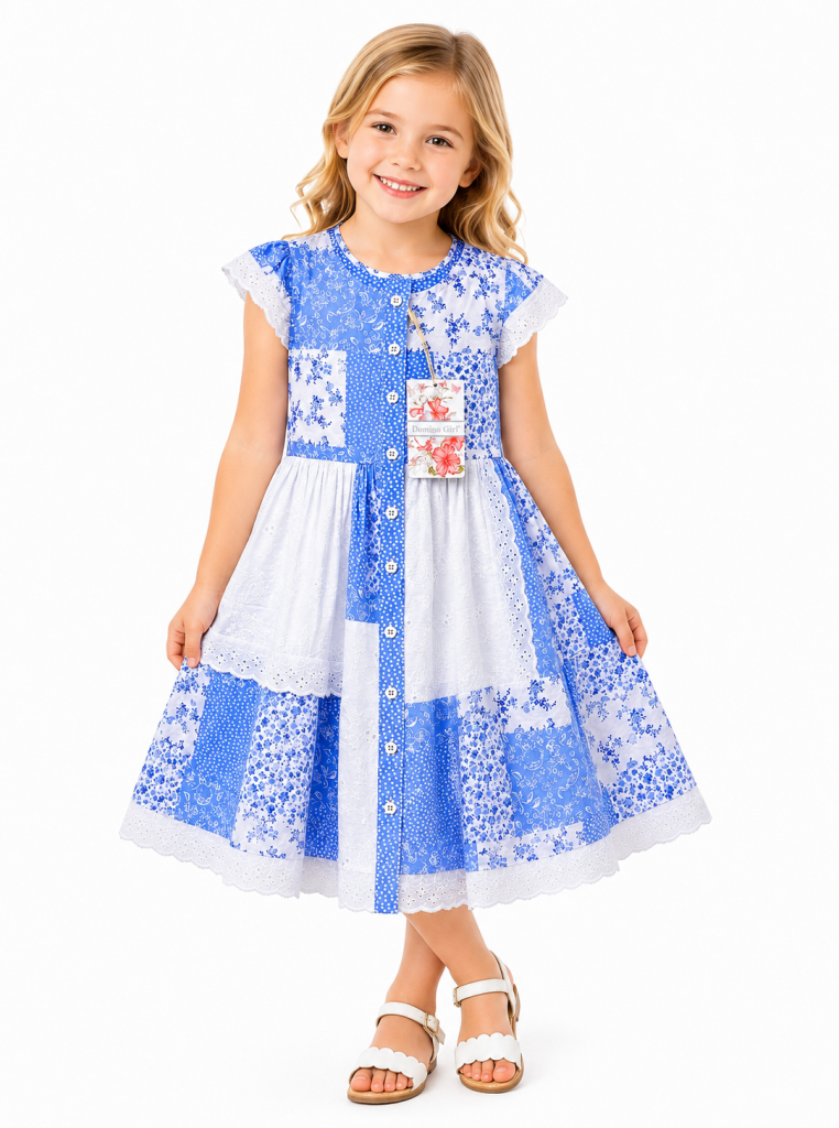 Domino Girl Girls Blue Patchwork Floral Cotton Dress with Broderie Lace Trim