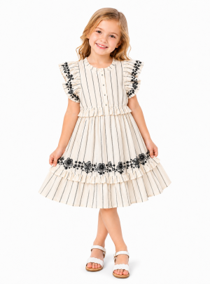 Domino Girl Embroidered Stripe Ruffle Dress