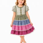 Domino Girl Girls Tiered Floral Dress with Pom Pom Hem