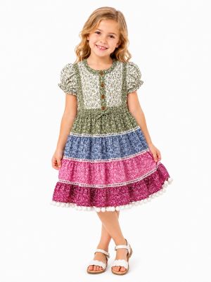 Domino Girl Girls Tiered Floral Dress with Pom Pom Hem